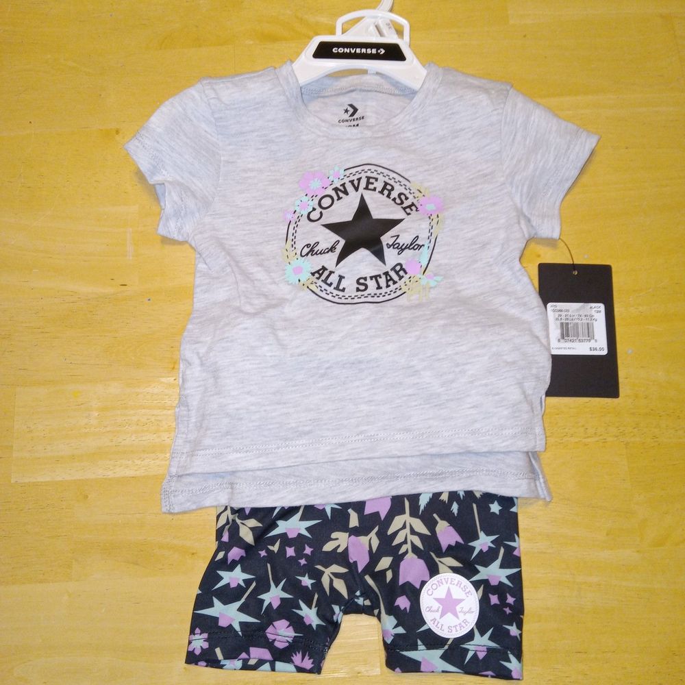 CONVERSE Girls 12 Months 2 Pc Set. Asymmetrical Top Shorts with Logo Flowers NEW